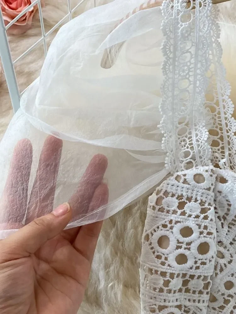 2023 Summer Runway Flower Hollow Out Lace Dress For Women's Square Collar Bubble Sleeve Elegant White Bodycon Mini Vestidos