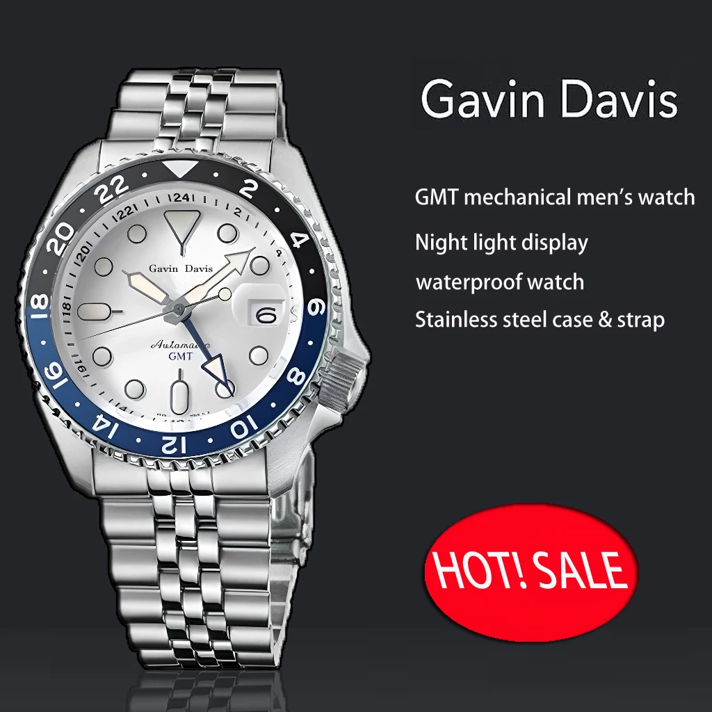 Gavin Davis Men’s GMT Automatic Watch Stainless Steel | Waterproof Mechanical Wristwatch | Dual Time Zone | Luminous Dial