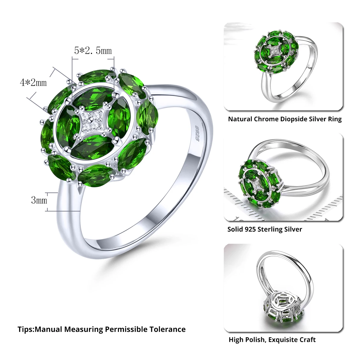 Natural Chrome Diopside Sterling Silver Rings 1.5 Carats Genuine Deep Green Gemstone Women Classic Design Jewelry Style S925