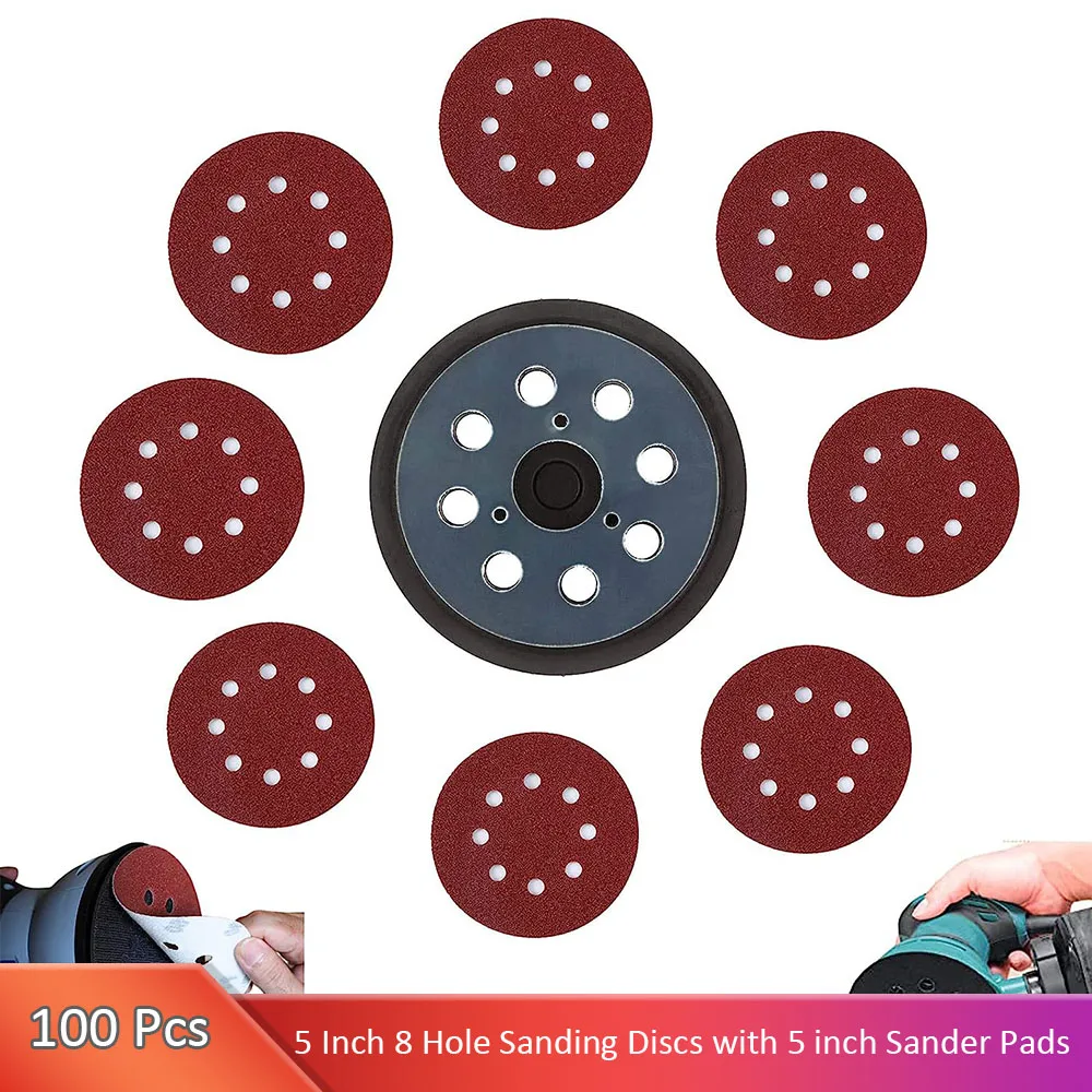 5 Inch Sanding Discs Hook and Loop 8 Hole 100PCS with 5 inch Sander Pads, Orbital Sander Sandpaper