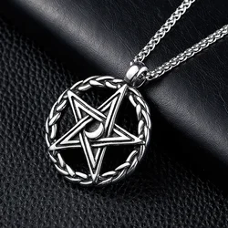 Vintage Pentagram Pendant Necklace Stainless Steel Men Punk Hip Hop Nightclub Round Hollow Crescent Pentagram Necklace Jewelry