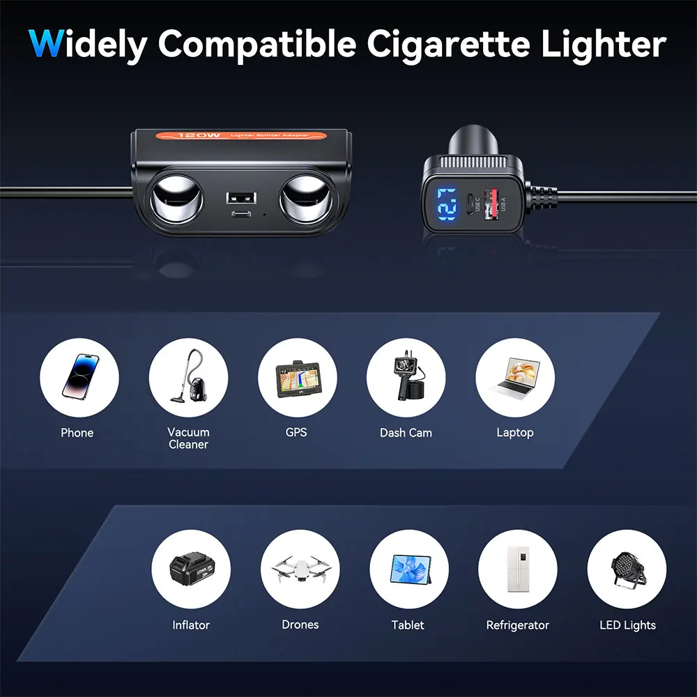WSDCAM 120 واط 12 فولت/24 فولت تيار مستمر مقبس USB منفذ سيارة ولاعة السجائر الفاصل LED عرض الجهد سيارة شحن سريع