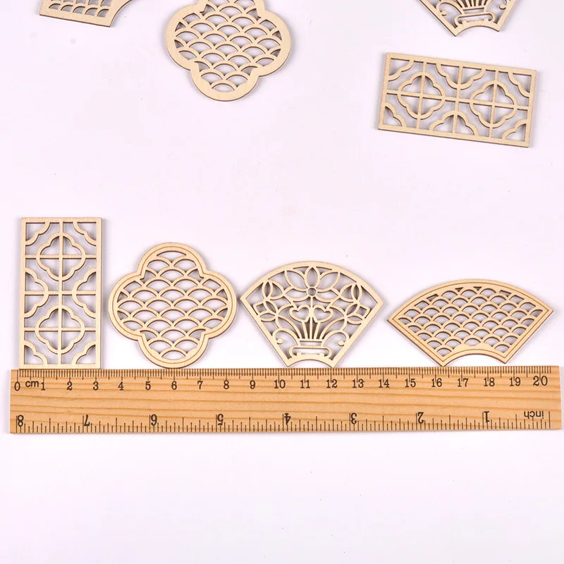 10Pcs40-65mm Chinese Window Lattice Wooden Embellishments Assorted Hollow Cutouts Home Decor Card Making and DIY Projects cp4417