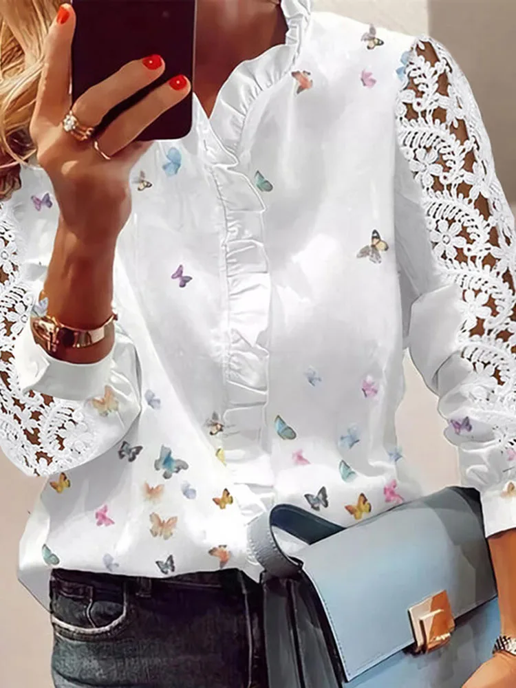 White Women\'s Shirts Fashion Elegant Long Sleeve Butterfly Print Office Lady Top Women Ruffled Hollow Out Blouse Female Clothing