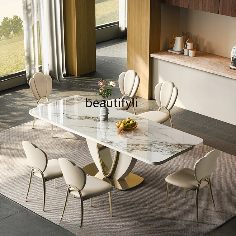 Stone Plate Dining Tables and Chairs Set Bright Large Board Light Luxury Kitchen Island Household Dining Table