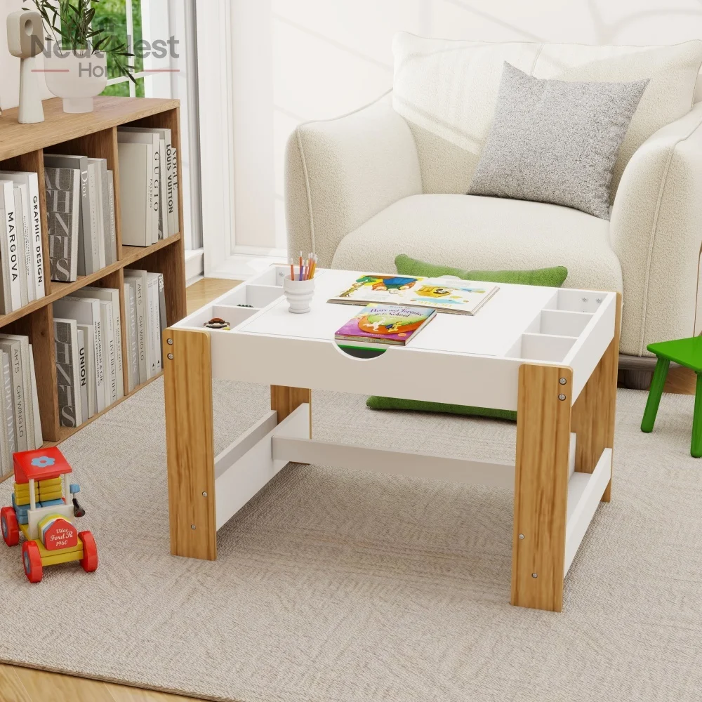 Kids 2 in 1 Play Table,7 Storage Compartments,Compatible with LEGO Building Block,Modern Activity Learning Table Game Furniture