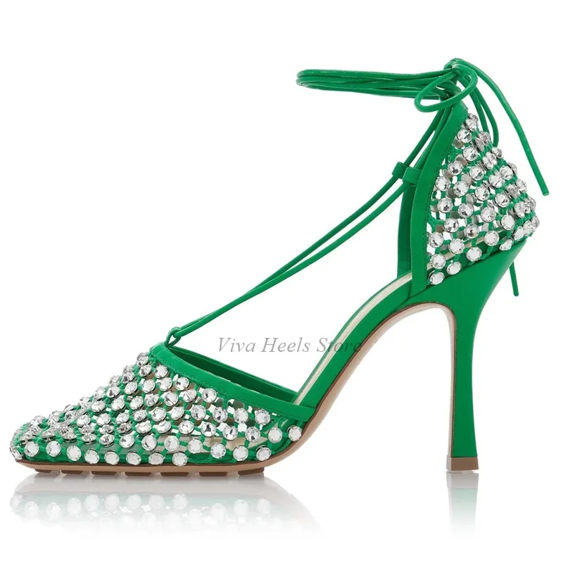 Square Toe Mesh Dimaond Lace up Sandals Colorful Leather Sexy Crystal  High Heels Women's 2025 Luxury Designer Party Shoes view 5