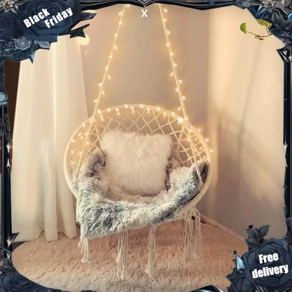 

Hanging Chair for Bedroom Hammock Chair Swing with Lights and Hardware Kits Holds Up to 550Lbs Macrame Swing Chair