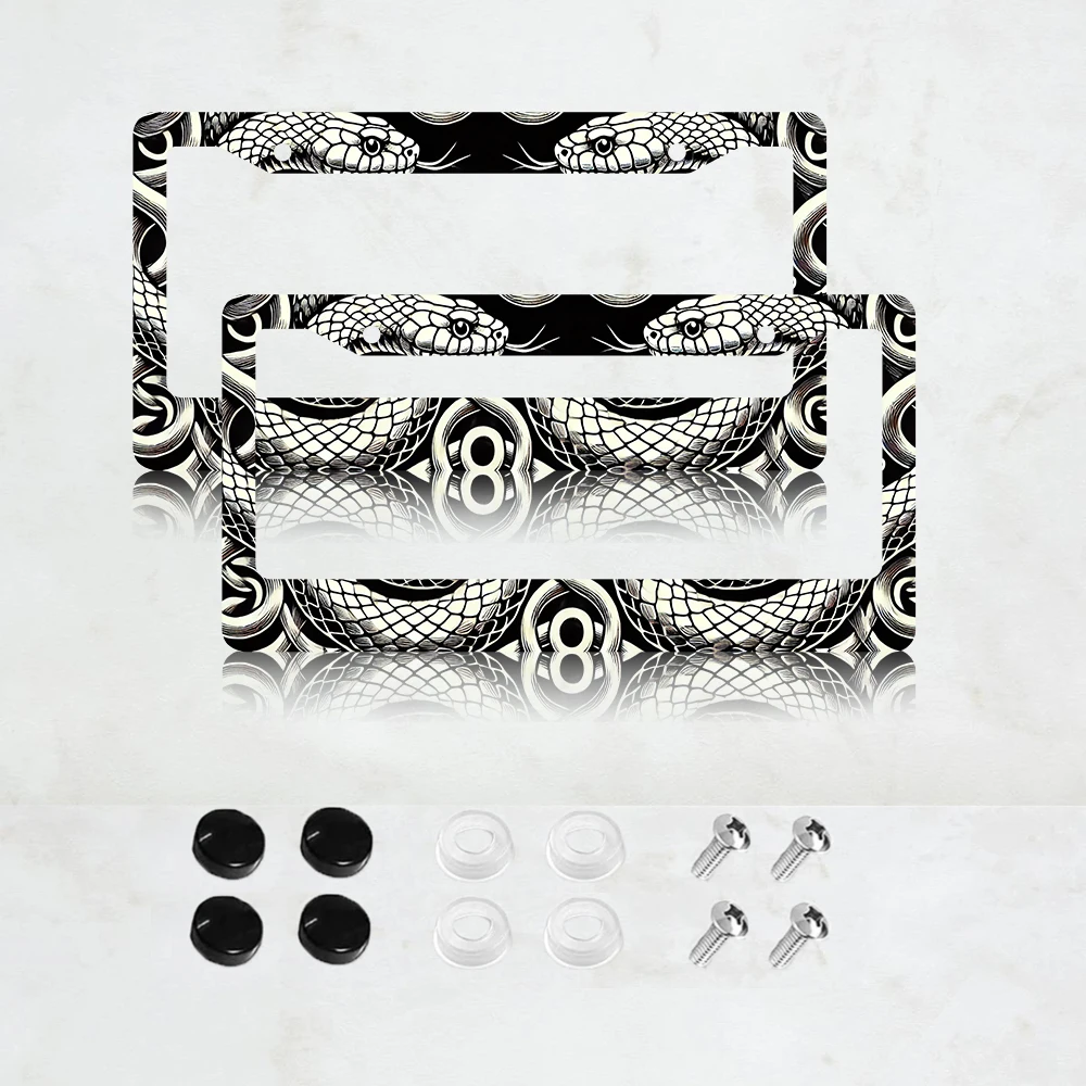 

2 шт. черно-белые алюминиевые рамки для номерных знаков с изображением ползающей змеи - стандартный размер США 6 x 12 дюймов, декоративные рамки для автомобильных номерных знаков