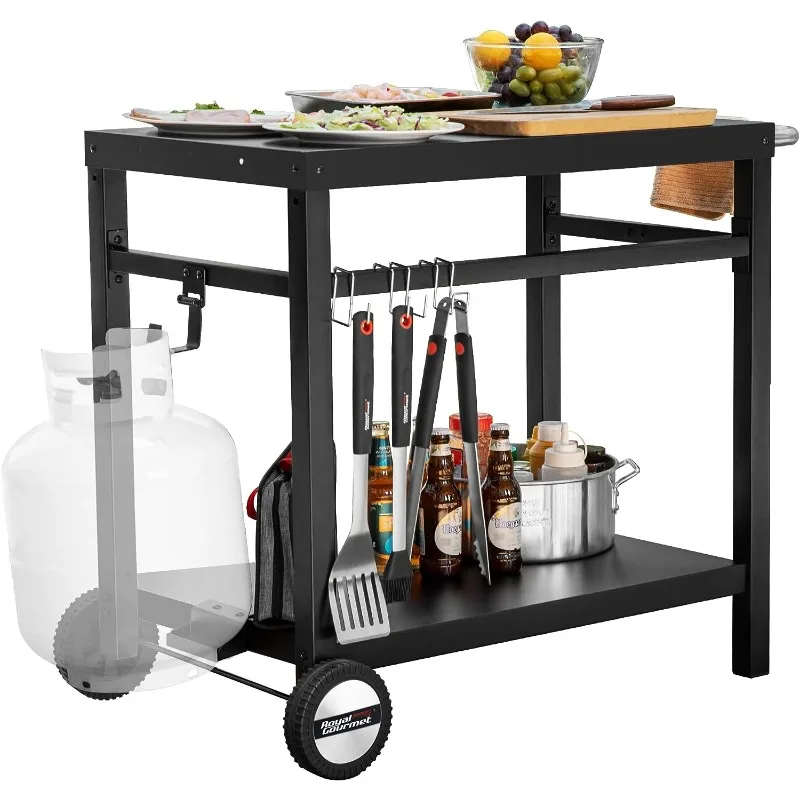 

Dining Cart Table with Double-Shelf, Movable Steel Flattop Worktable, Hooks, Side Handle, Multifunctional, Black