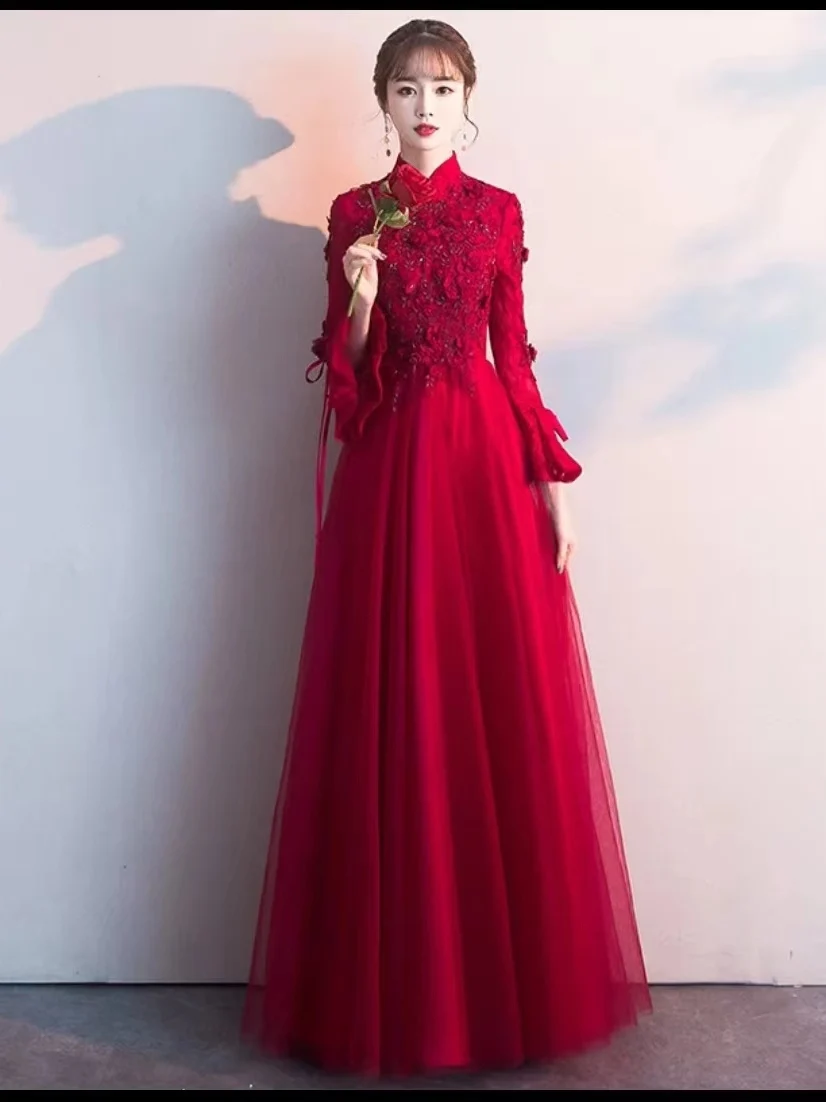 

Элегантное длинное красное свадебное платье 2025 года, новое вечернее платье для женщин, невесты, класса люкс, на молнии, в корейском стиле, с цветами ручной работы