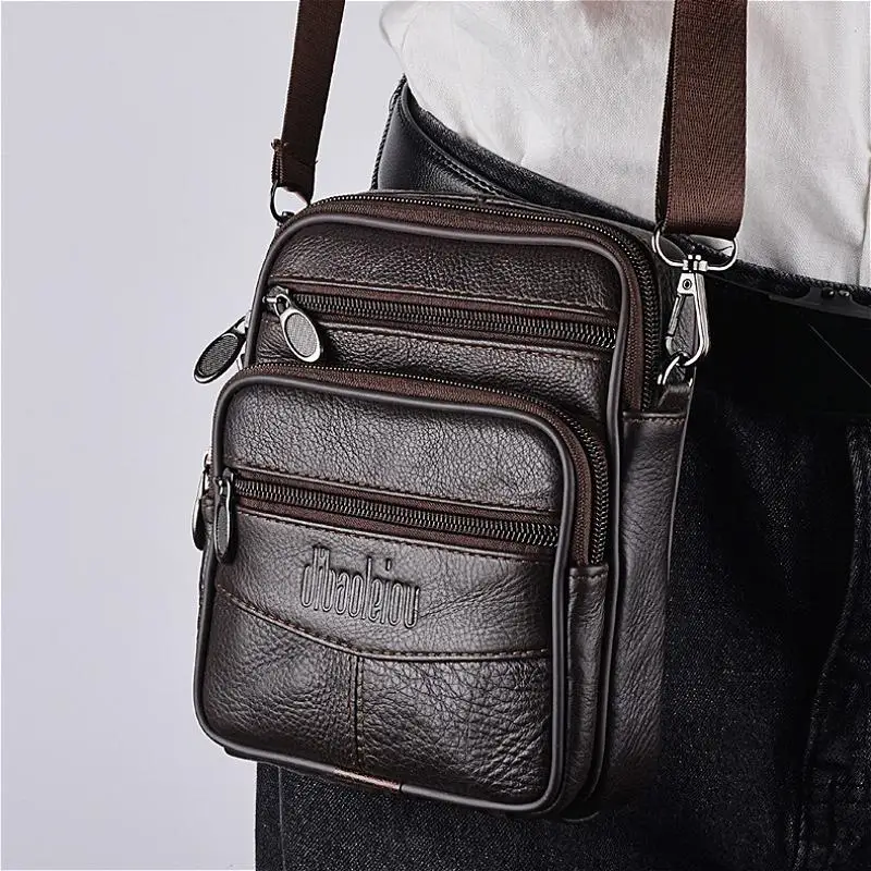Men’s Genuine Leather Crossbody Bag,Double Zipper Small Shoulder Bag,Compact Multi-Pocket Sling Bag for Everyday Carry