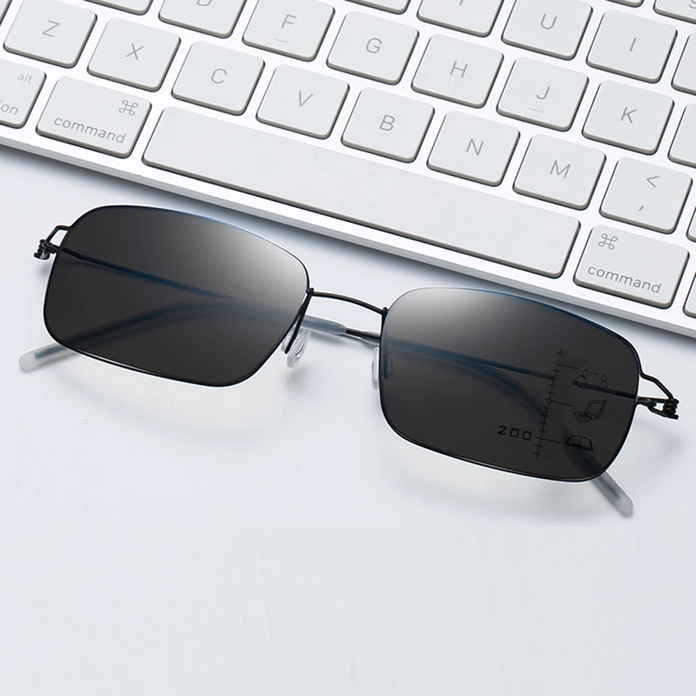 

Titanium Alloy No Screws Rectangle Handcrafted Photochromic Progressive Reading Sunglasses +0.75 To +4 See Near and Far