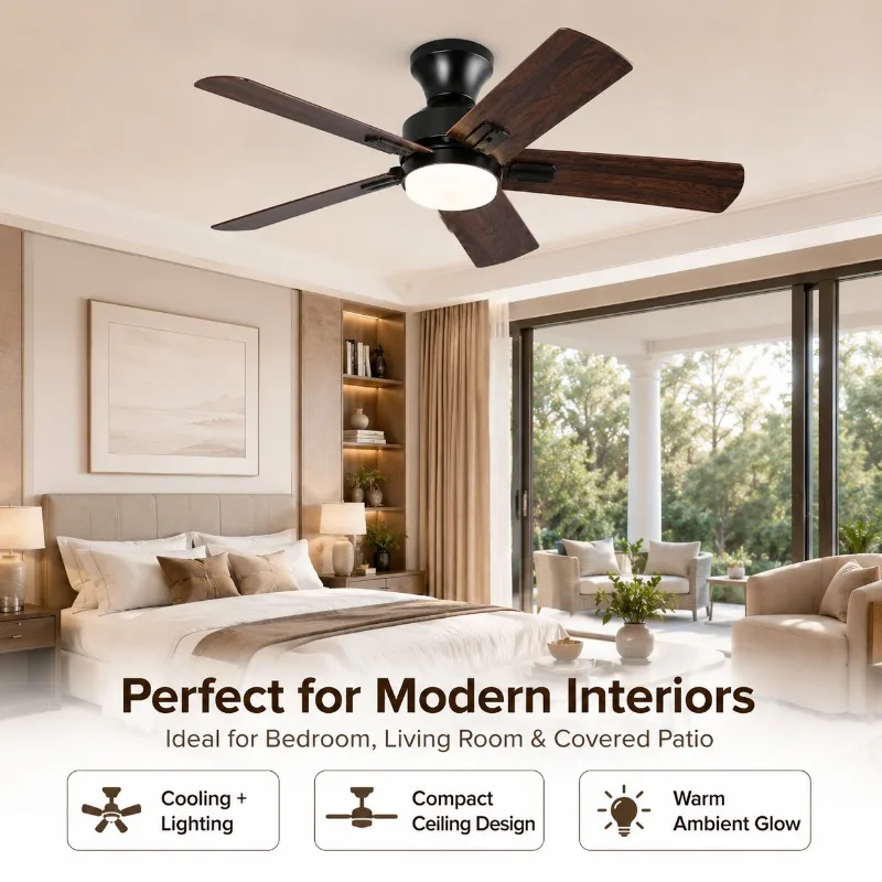 42 Inch Walnut Ceiling Fan with LED Light Remote Control 5 Blade Variable Speed for Patio Living Room Bedroom Ceiling Fan Light