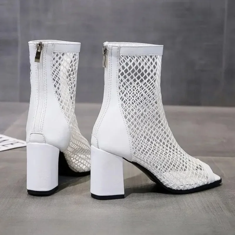 Thick Heel Sandals Mesh Cool Boots Women 2023 Summer New Thin Short Boots High Heels Hollow Mesh Boots Women High Heels