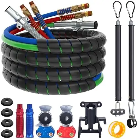 

CheeMuii 15FT 3-in-1 Semi Truck Air Line Kit – Red & Blue Hoses, Gladhand Holder, 7-Way Cord – Durable Brake Hose Set