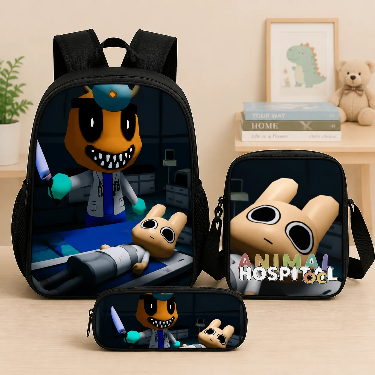 3Pcs Animal Hospital School Bag Set Kids Backpack Crossbody Bag Pencil Case For Primary Middle School Boys Girls Gift