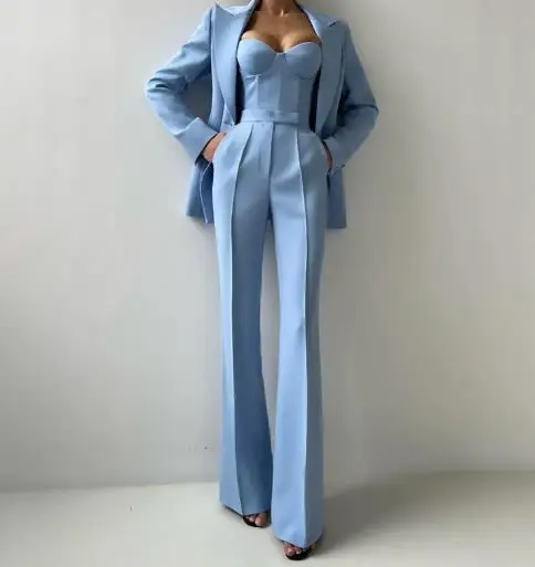 

3Pcs Women Outfit 2025 Autumn New Temperament Commuting Spaghetti Strap Crop Top & High Waist Pants Set with Long Sleeve Blazer