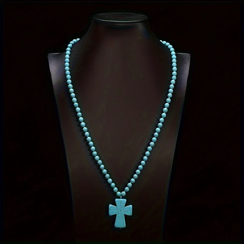 Ethnic wind turquoise necklace Women\'s retro cross pendant Long necklace imitation turquoise sweater chain