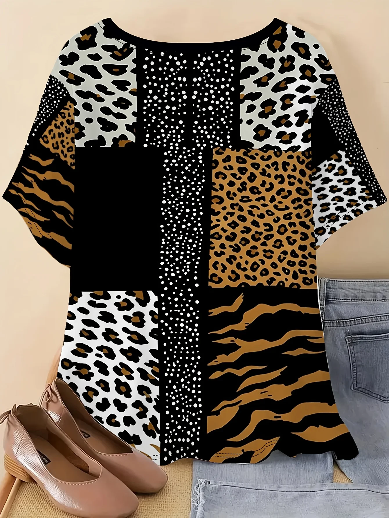 Women Round Neck Short Sleeve Tee Top Leopard Tiger Patchwork Print Casual Summer Daily Tops Women's Clothes