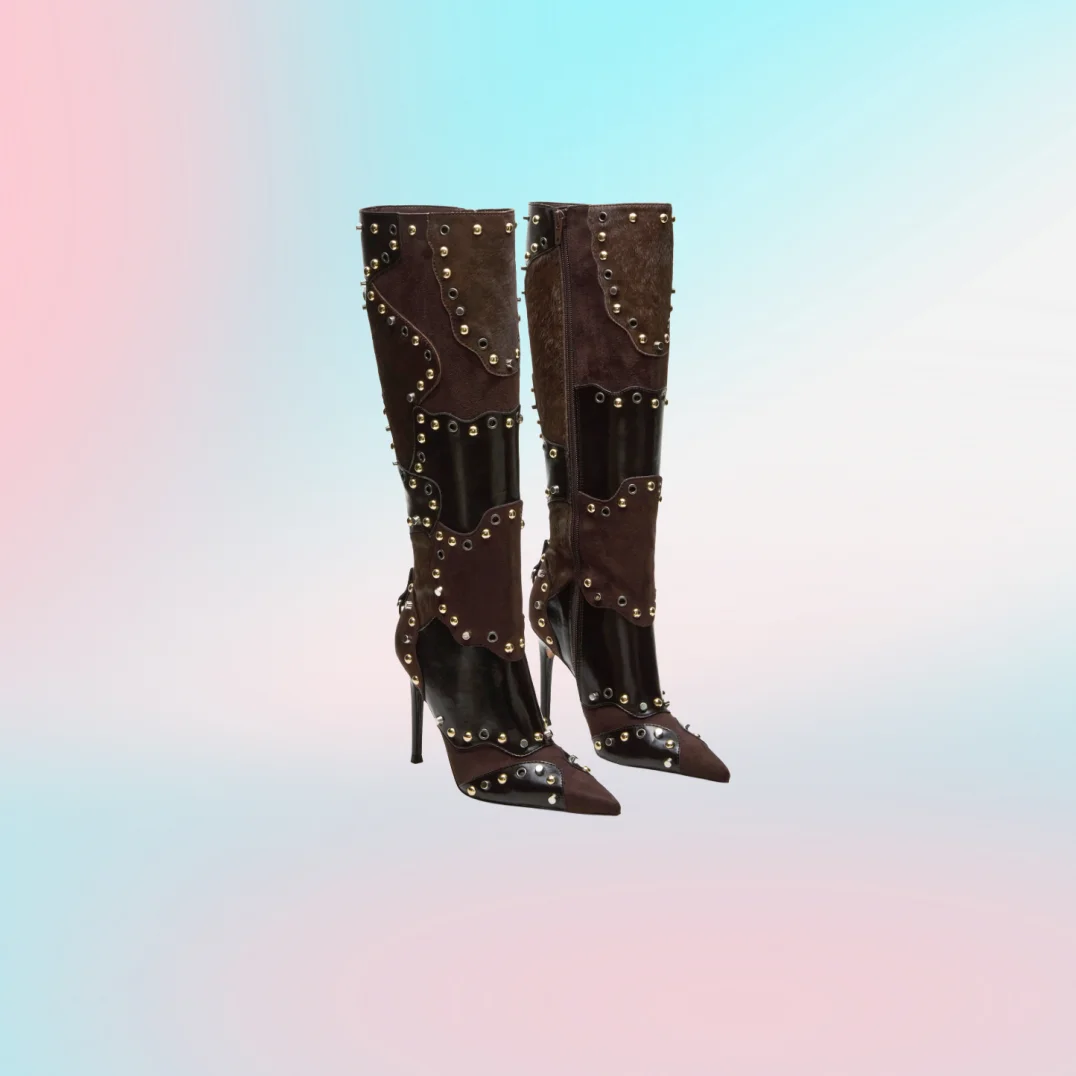 

Brown Round Rivets Side Zipper Boots Pointed Toe Women Shoes Stilettos High Heels Party Banquet Dating 2025 Zapatos Para Mujere
