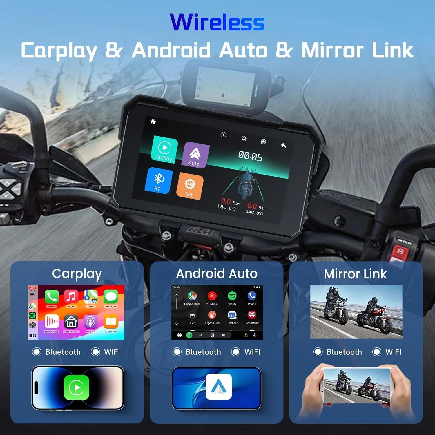 Portable 5 inch Motorcycle GPS Navigation Wireless Carplay Android Auto Bluetooth Moto Monitor IP67 Waterproof IPS Screen
