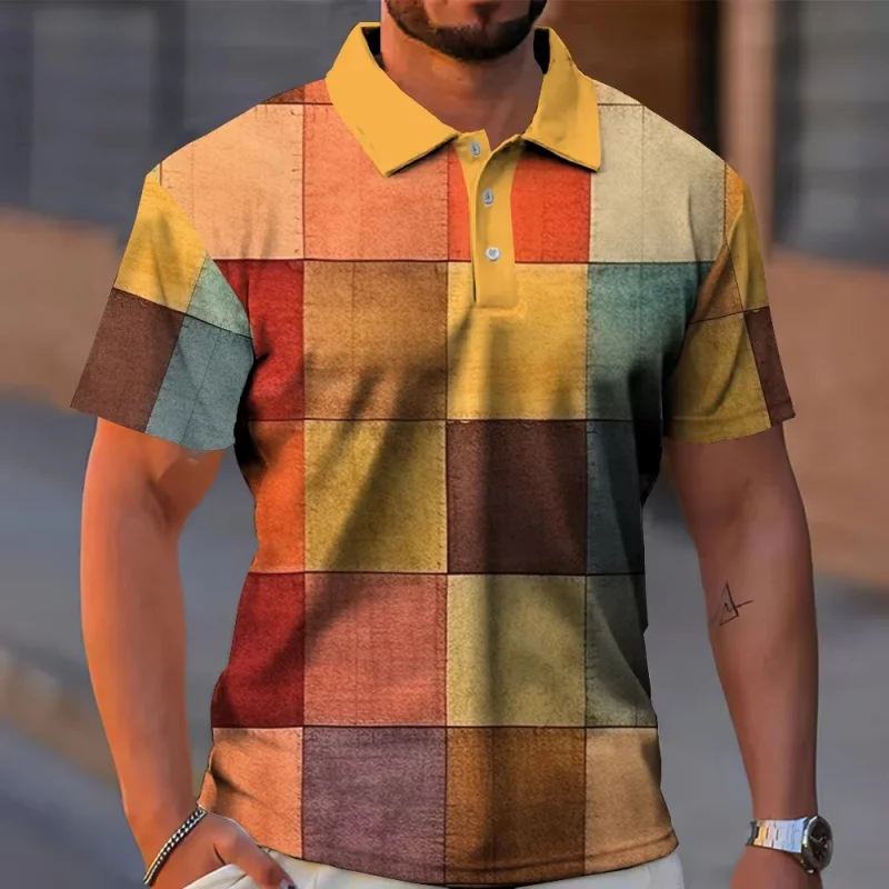 Colorful Grid Polo Shirt For Men Geometric Splicing 3D Printed Pattern T-Shirts Summer Casual Short Sleeve Loose Tops Lapel Tees