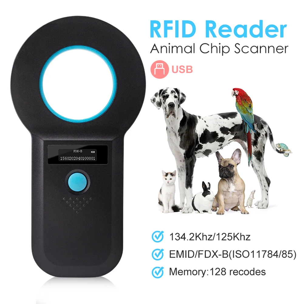 Handheld Animal Pet Microchip Reader OLED Display EMID FDX-B(ISO11784/85) RFID EMID Micro Chip Scanner Microchip Tag for Animal