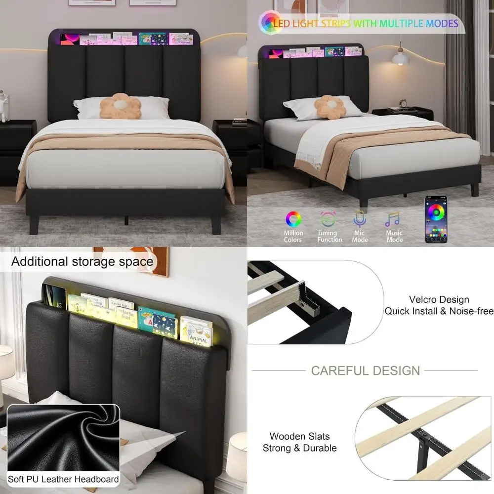 

LED-lit Upholstered Twin Bed with Storage, No Box Spring, Easy Assembly, Black