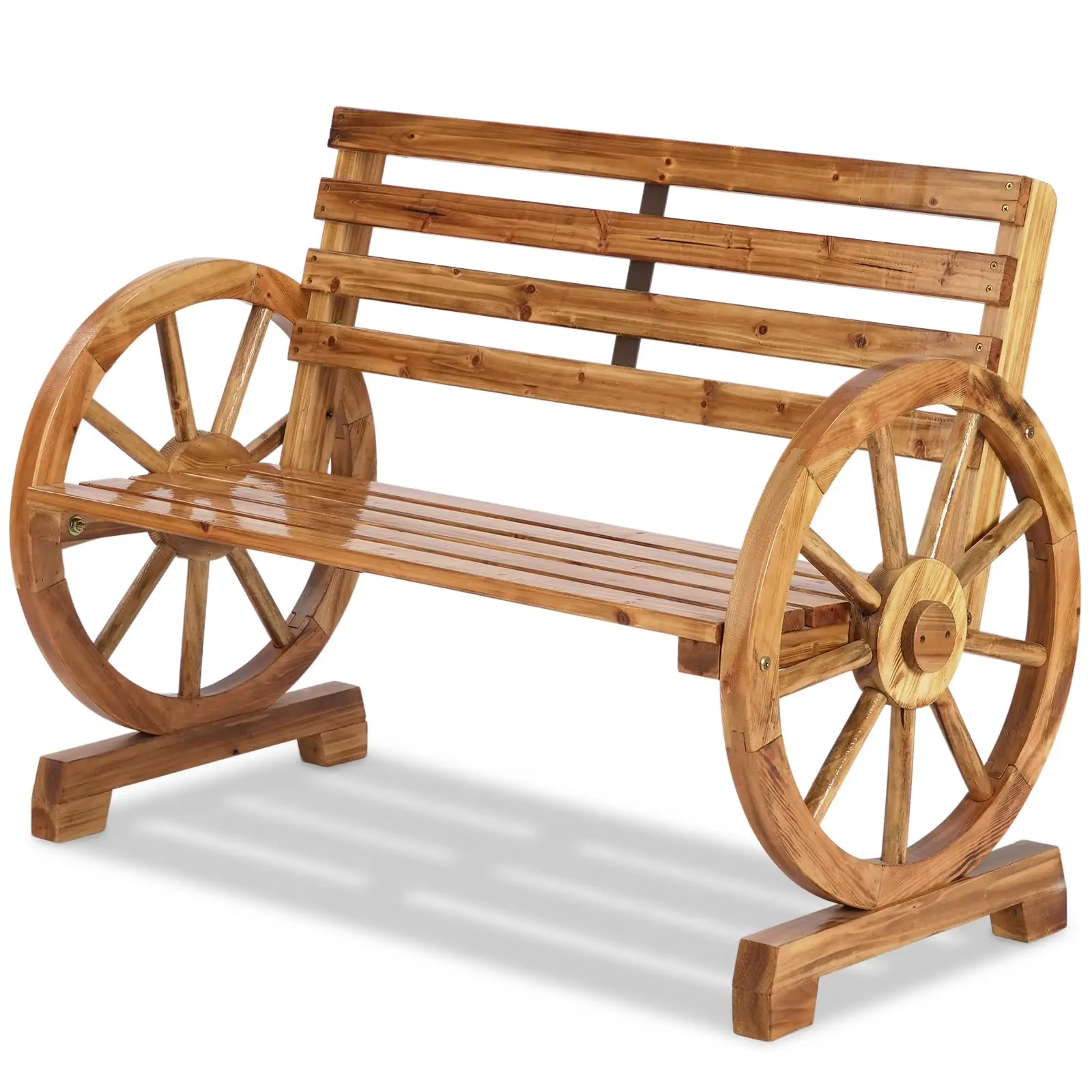 Wooden Garden Bench Seats 2 Person Carbonized for Garden | Outdoor Rustic Wagon Wheel Bench with Armrest & Fir
