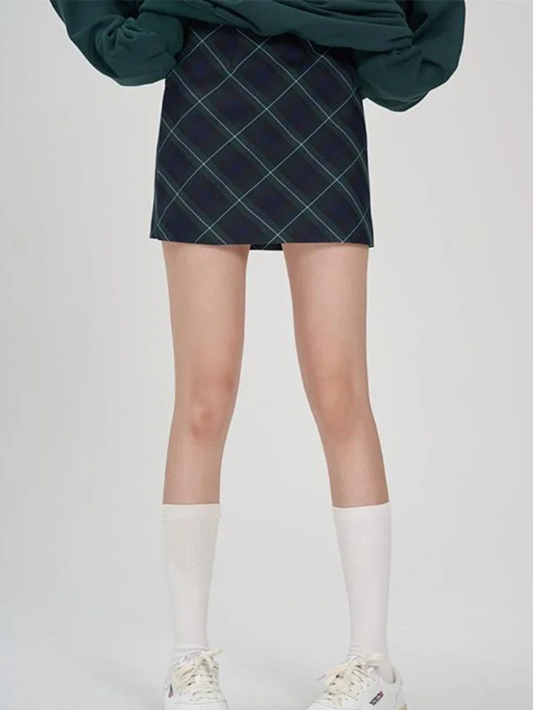 HOUZHOU Vintage Preppy Green Plaid Skirt Women Check England Style School Casual High Waist A-line Slim Mini Skirt 90s Aesthetic