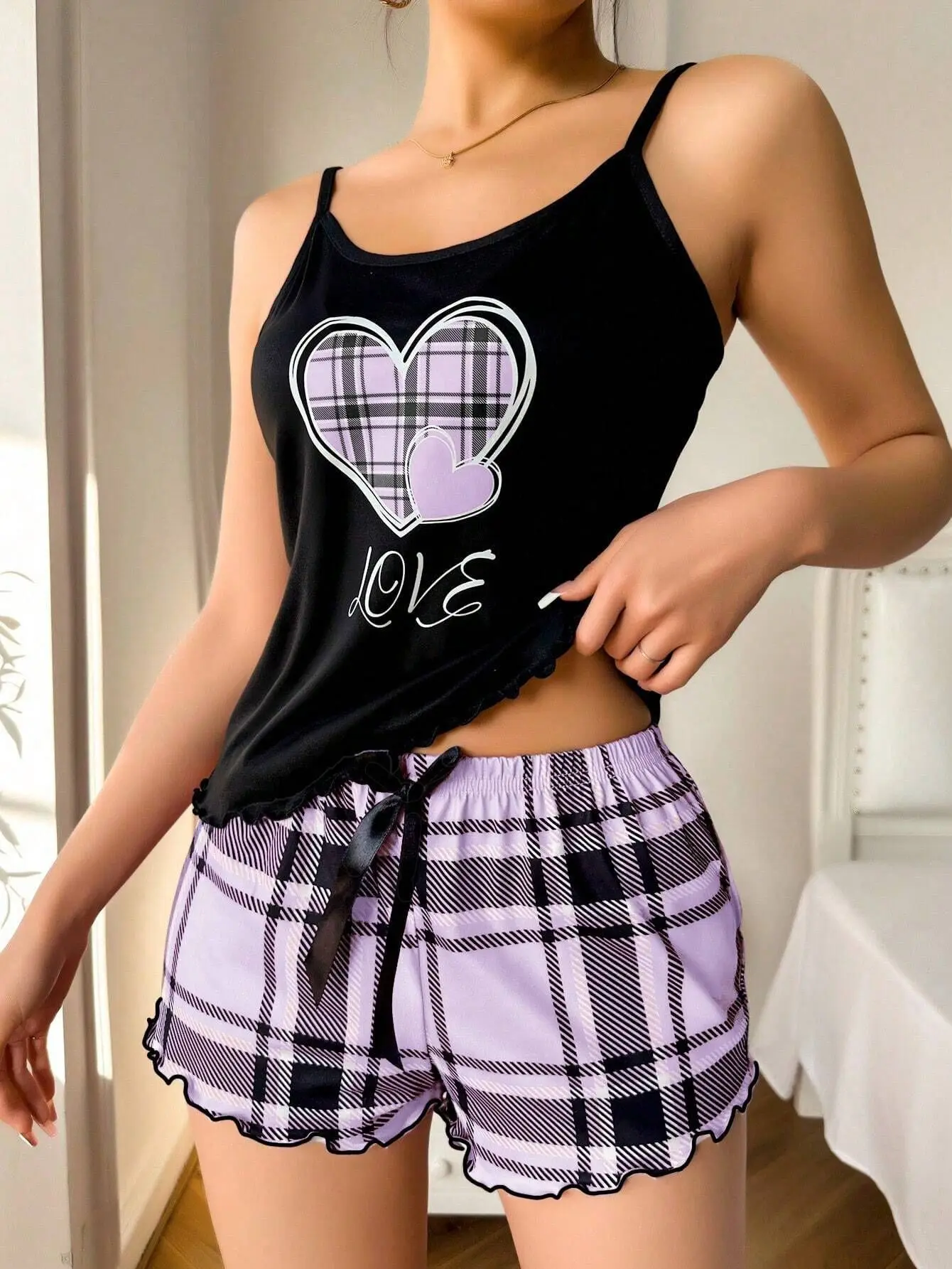 Frauen Sexy Hosenträger Shorts Dünne Pyjamas Brief Drucken Plaid Shorts Große Pyjamas Romantische Hause Tragen Sexy Nachtwäsche Kurze Pyjama – Detail 14
