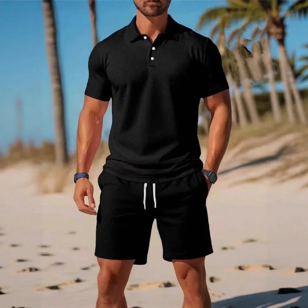 

European Men's Short Sleeved Polo Shirt Shorts Set, Loose and Handsome Young Men's Short Sleeved Shorts Two-piece Set,