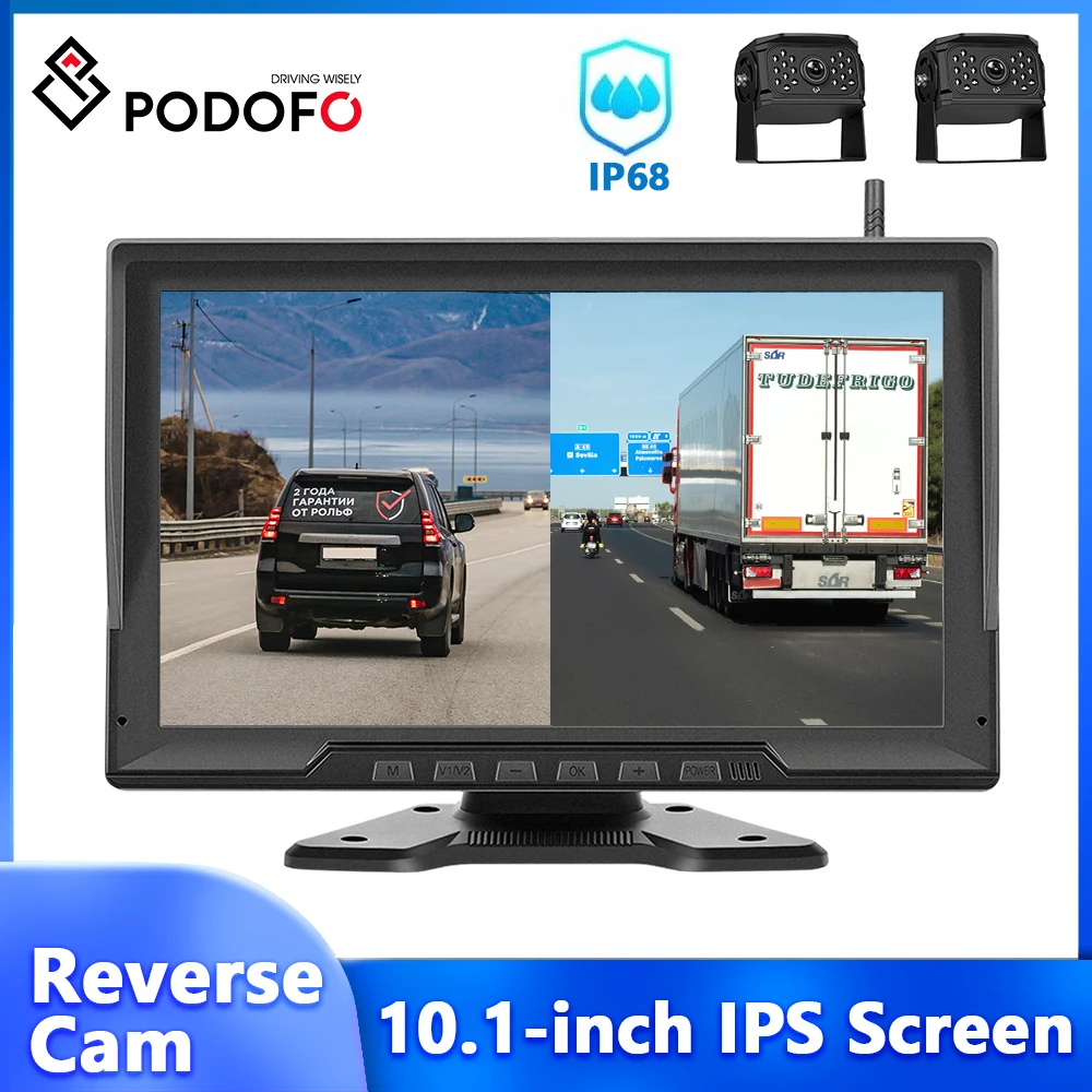 Podofo 10.1'' Wireless IPS Monitor 2 Reverse Cameras Car DVR Loop Recording Waterproof IP68 Night Vision Dashboard Car Monitor