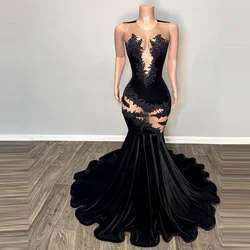 Vestido de noche de sirena de terciopelo negro, elegante, transparente, con apliques de malla, para baile de graduación, Aso, Ebi, negro, hecho a medida