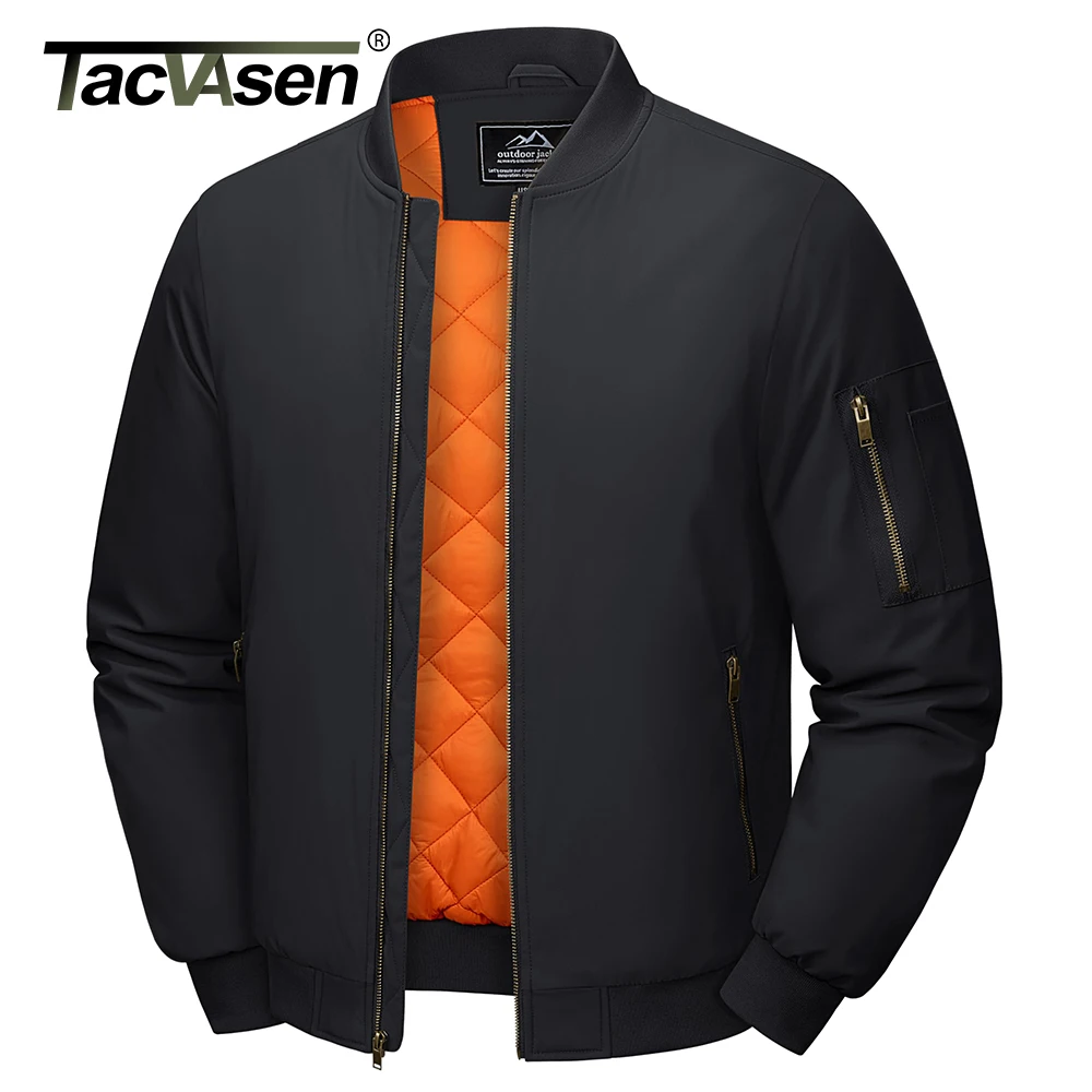 TACVASEN Men's Classic Bomber Jacket Autumn Thick Warm Orange Lining  Full Zip Up Windproof Casual Padded Flight Pilot Jackets