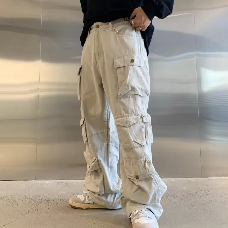 European American New  Fashion Men's Solid Color Loose Straight Wide Leg Multi Pockets Casual Trendy Cargo Trousers Male Pants