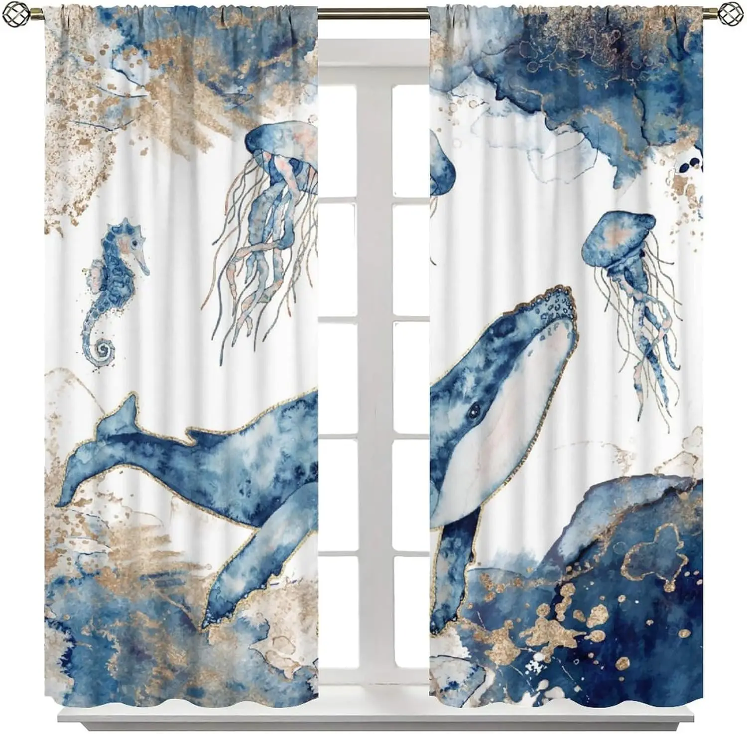 Whale Nautical Curtains for Kitchen,Sea Theme Ocean Undersea Blue Gold Marble Seahorse Jellyfish Nautical Animal Window Treatmen