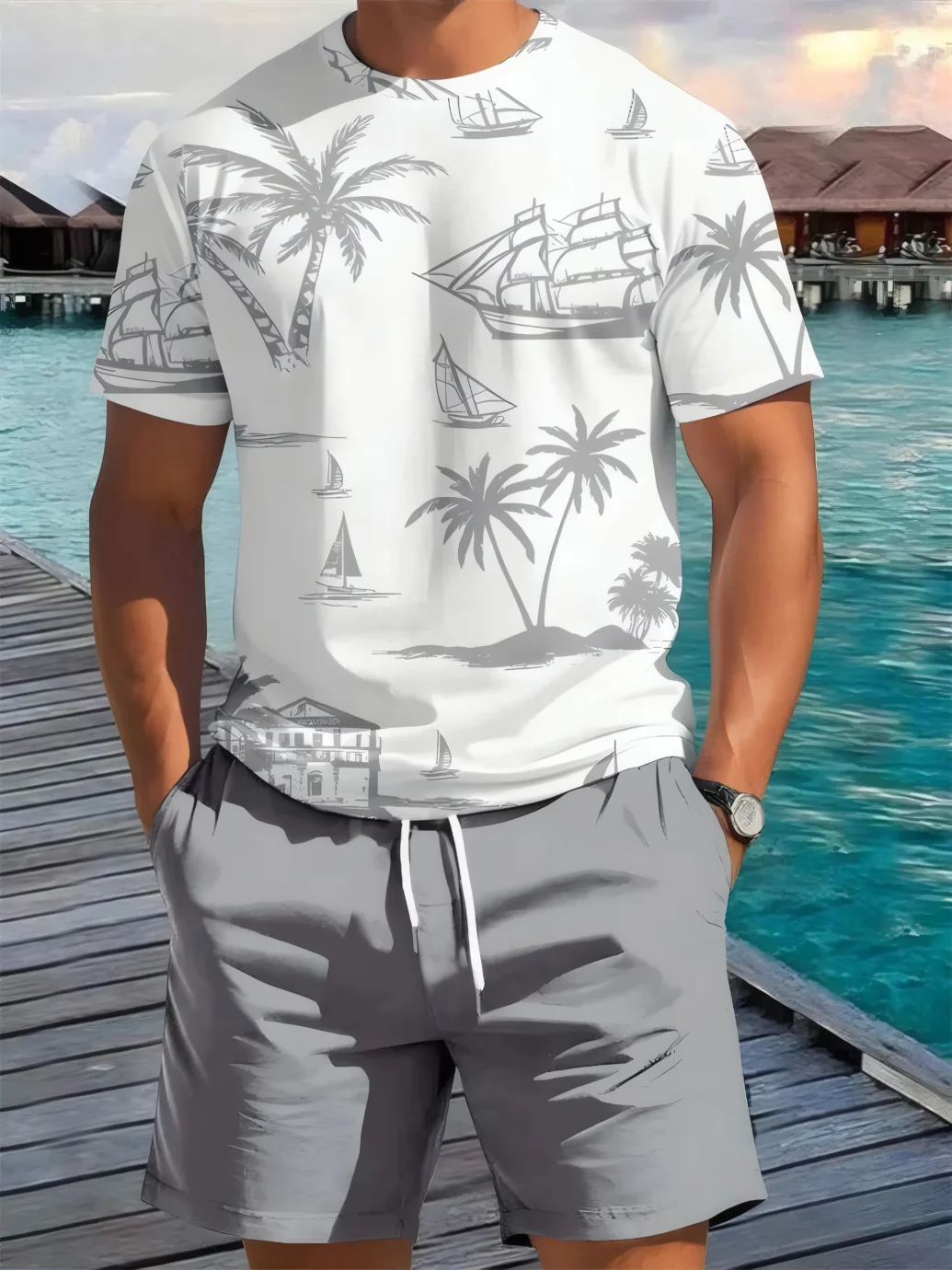 

2026 Summer New Men's Short-Sleeved Shorts Set with 3D Coconut Tree Pattern Print - Street Casual Fashion Comfortable and Soft