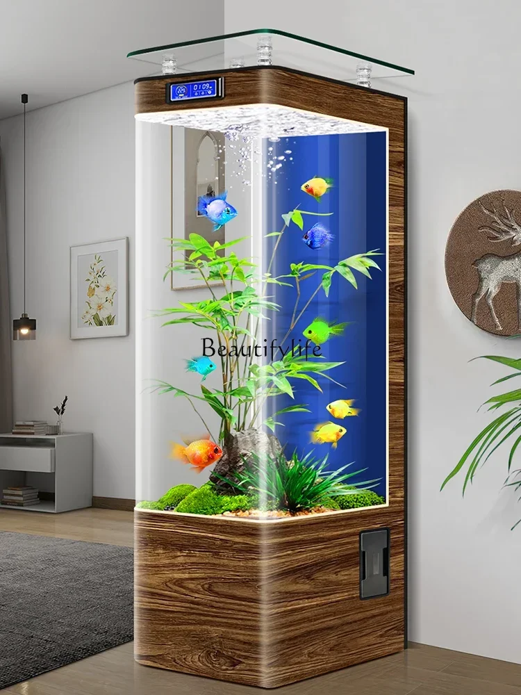 Living Room Bedroom Floor Hot Bending Glass Fish Tank Small Vertical TV Cabinet Side Landscape Fish Tank