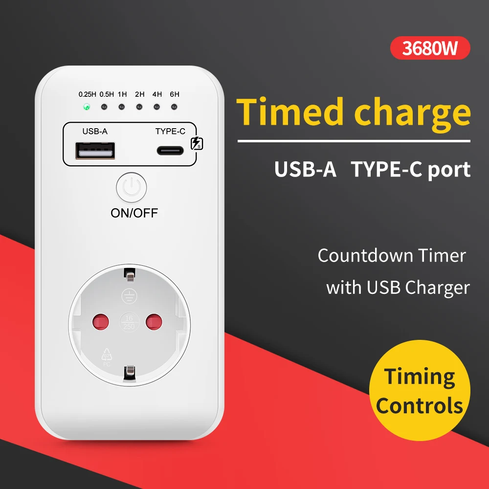 New Smart Timing Socket Controller Automatic Power-off Programmable Countdown Timer Switch 230V Charger With USB Type-C