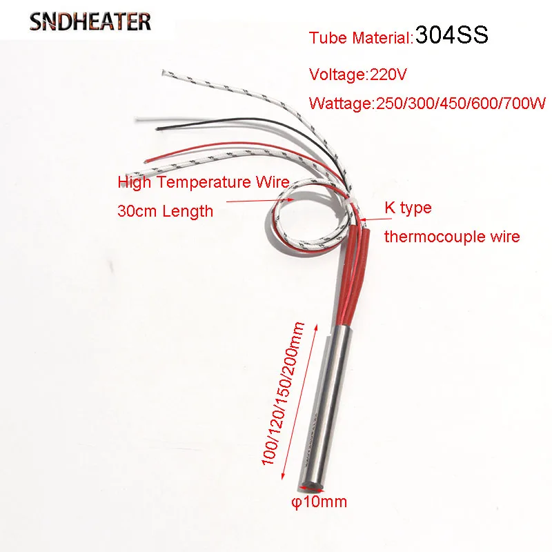 SNDHEATER 5pcs/lot 304SS Electric Cartridge Heater With K Thermocouple 10mm*100-200mm 220V 250W-700W  for Metal Mold Heating