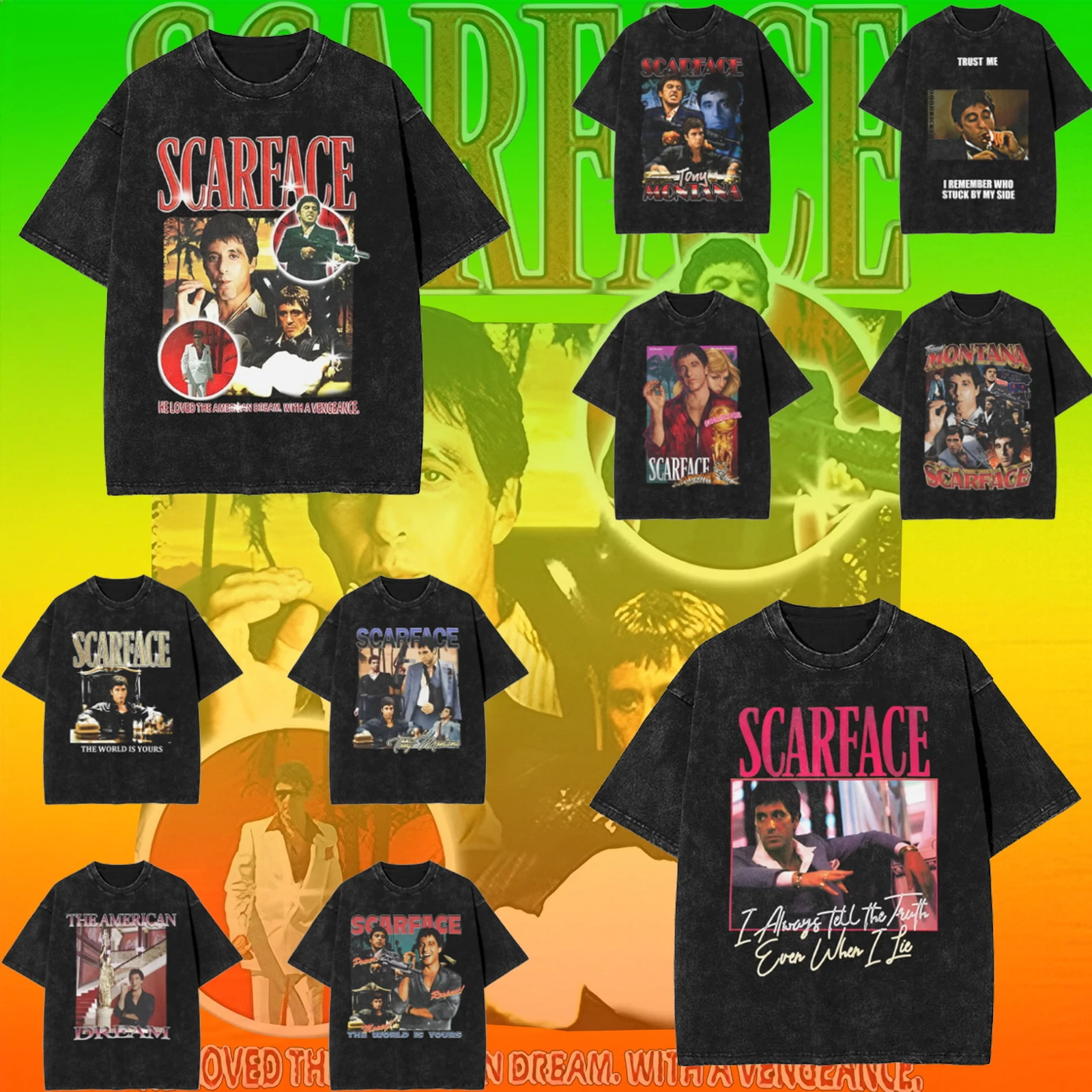 

Oversized Washed T Shirt Movie Scarface Tony Montana Cotton T-Shirts Hippie Tee Shirt for Man Beach Aesthetic Casual Tees