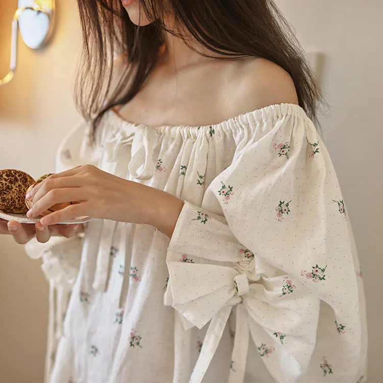 فستان نوم نسائي حلو مطبوع بأكمام طويلة فستان نوم فرنسي مثير فضفاض طويل منتصف العجل 100% قطن ملابس نوم مريحة ملابس نوم #4