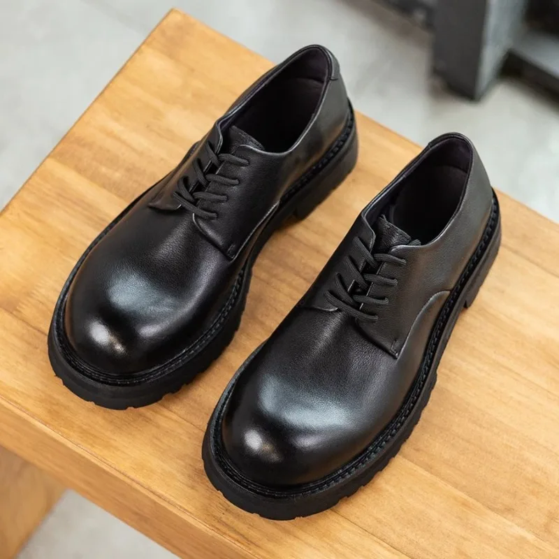

British Men's Genuine Leather Black Casual Round Toe Leather Shoes Male Thick Sole Lace Up Office Wedding Derby Shoes Youth