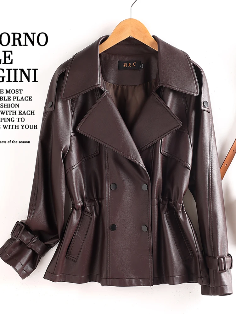   Veste en cuir véritable pour femme, style coréen, coupe ajustée, coupe-vent décontracté, double boutonnage