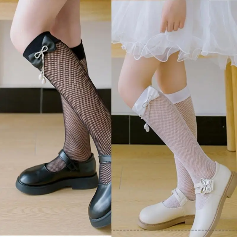 

1 пара сетчатых носков до колена для девочек, удобные эластичные носки с жемчугом и бантом, чулочно-носочные изделия для детей 3