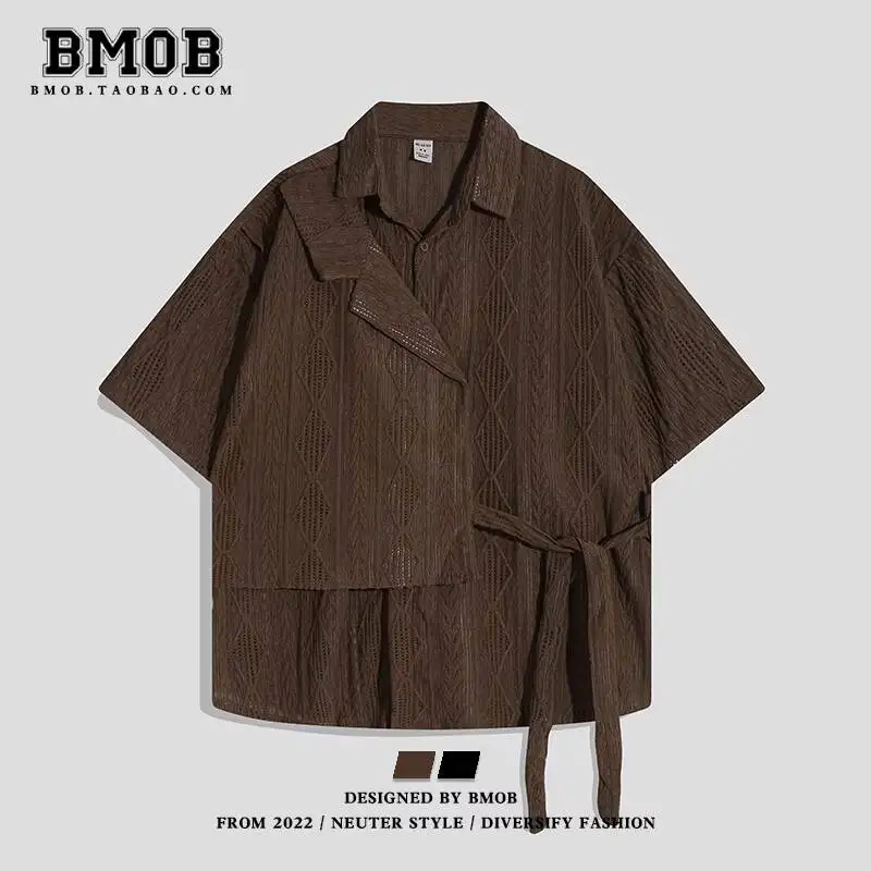Unisex Casual Shirts 2026 Summer Men's Retro Jacquard Textured Shirt Chinese Style Splice Lace Up Design Short Sleeve Shirt