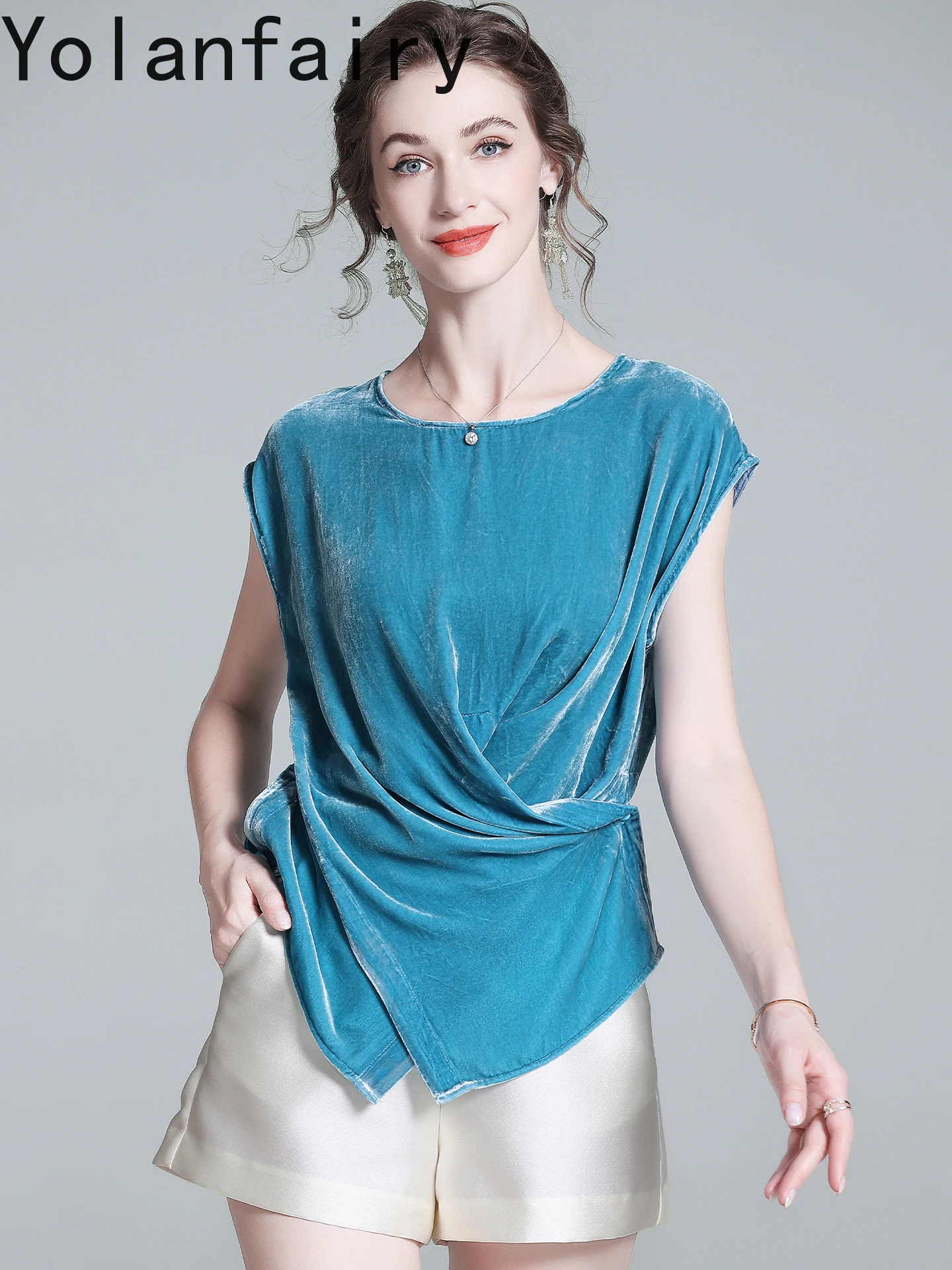 YOLANFAIRY High-end Mulberry Silk Velvet Blouse for Woman Elegant Sleeveless T Shirts Female Fashion Blue Tee Shirt Tops Blouses
