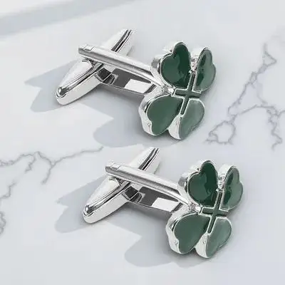 2Pcs Four Leaf Clover Irish Heart Cufflinks Green Enamel Alloy Mens Cuff Jewelry Good Luck St Patricks Day Cuff Clasps - view 6